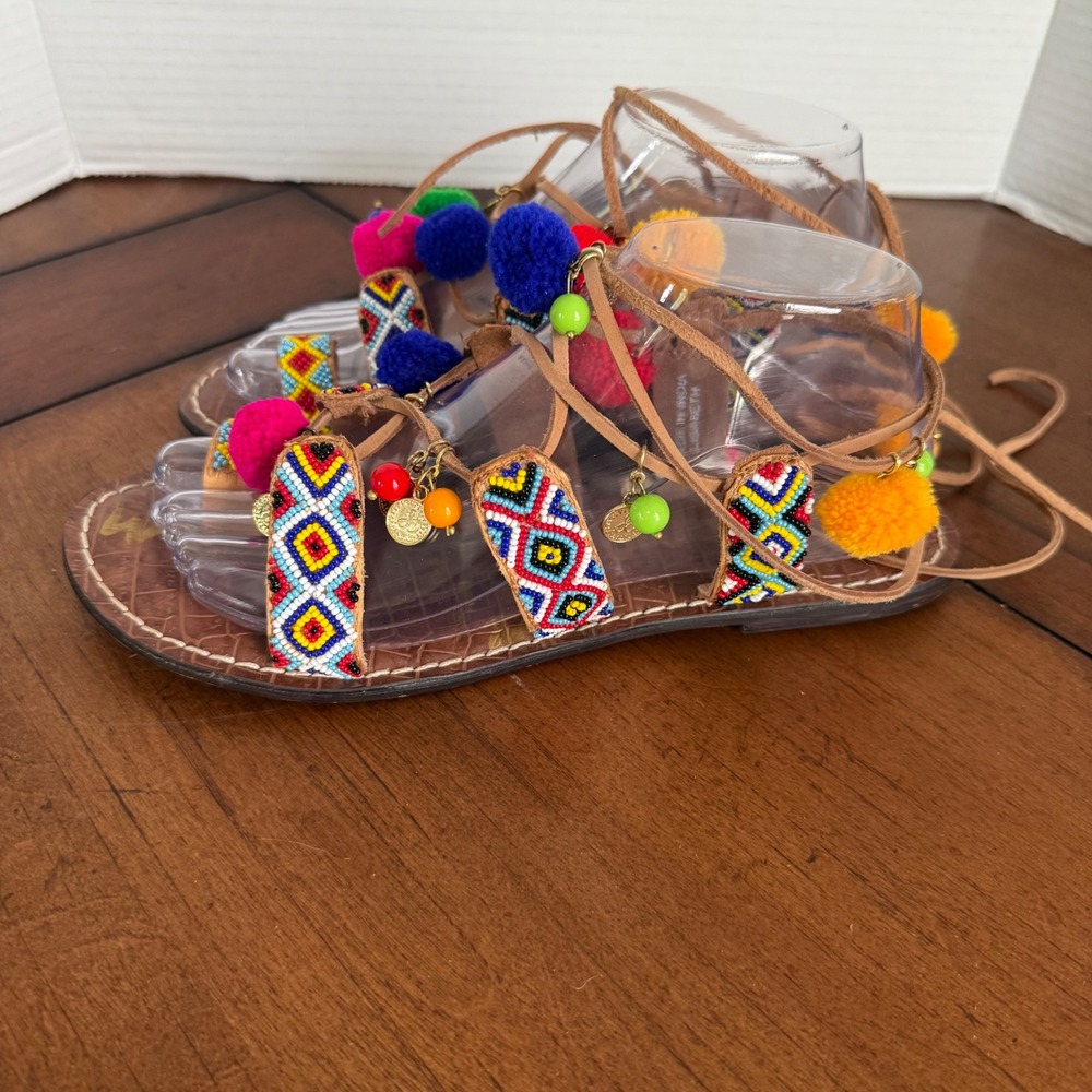Sam‎ Edelman Lisabeth 9 Lace Up Beaded PomPom Colorful Summer Spring Sandals